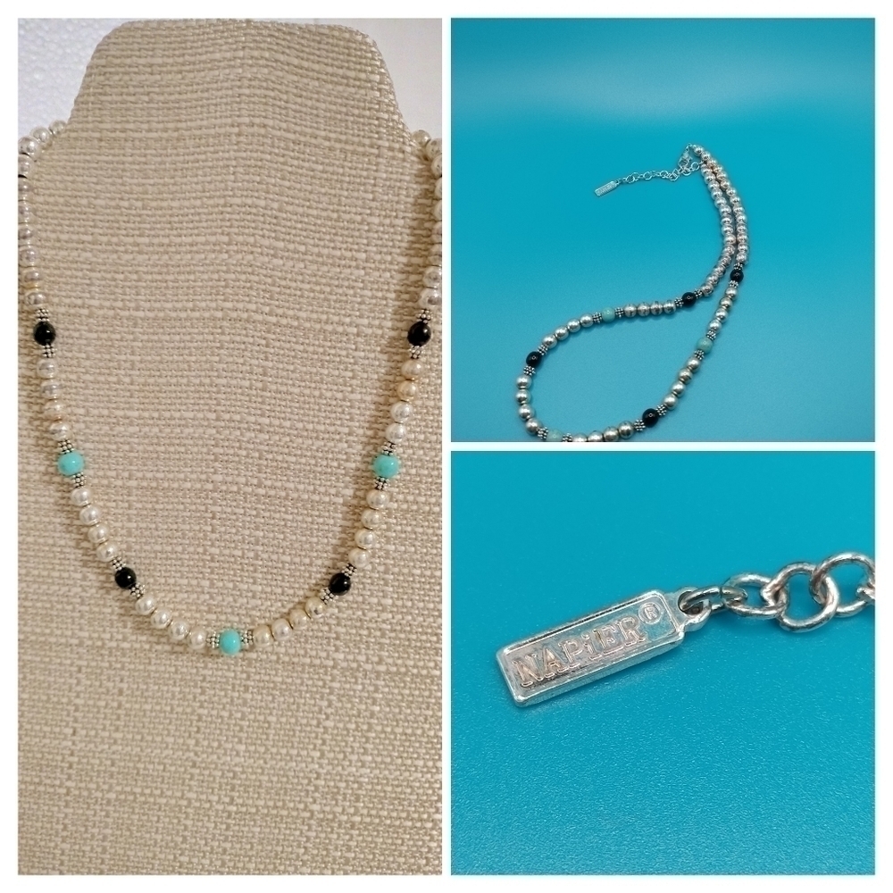 Napier Silver Tone, blue and black beaded necklace